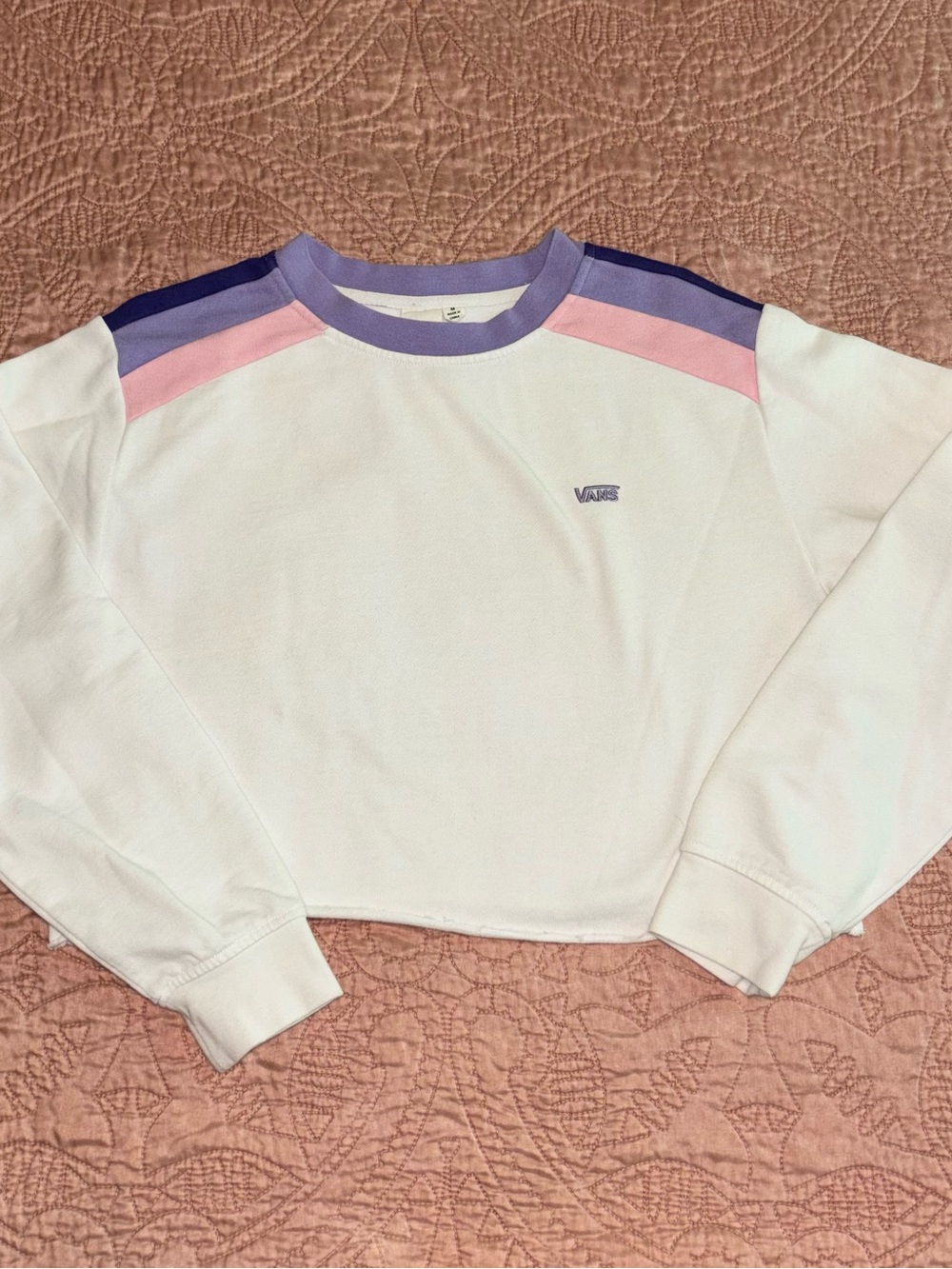Vans White Cropped Crewneck Sweatshirt with Pink & Lavender Accents